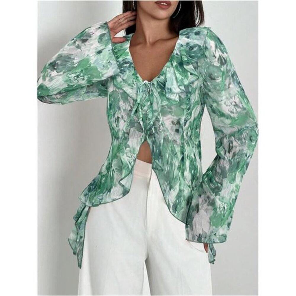 Women’s Floral Print Ruffle Blouse – V Neck Tie Front Long Bell Sleeve Top Green - Picture 2 of 5